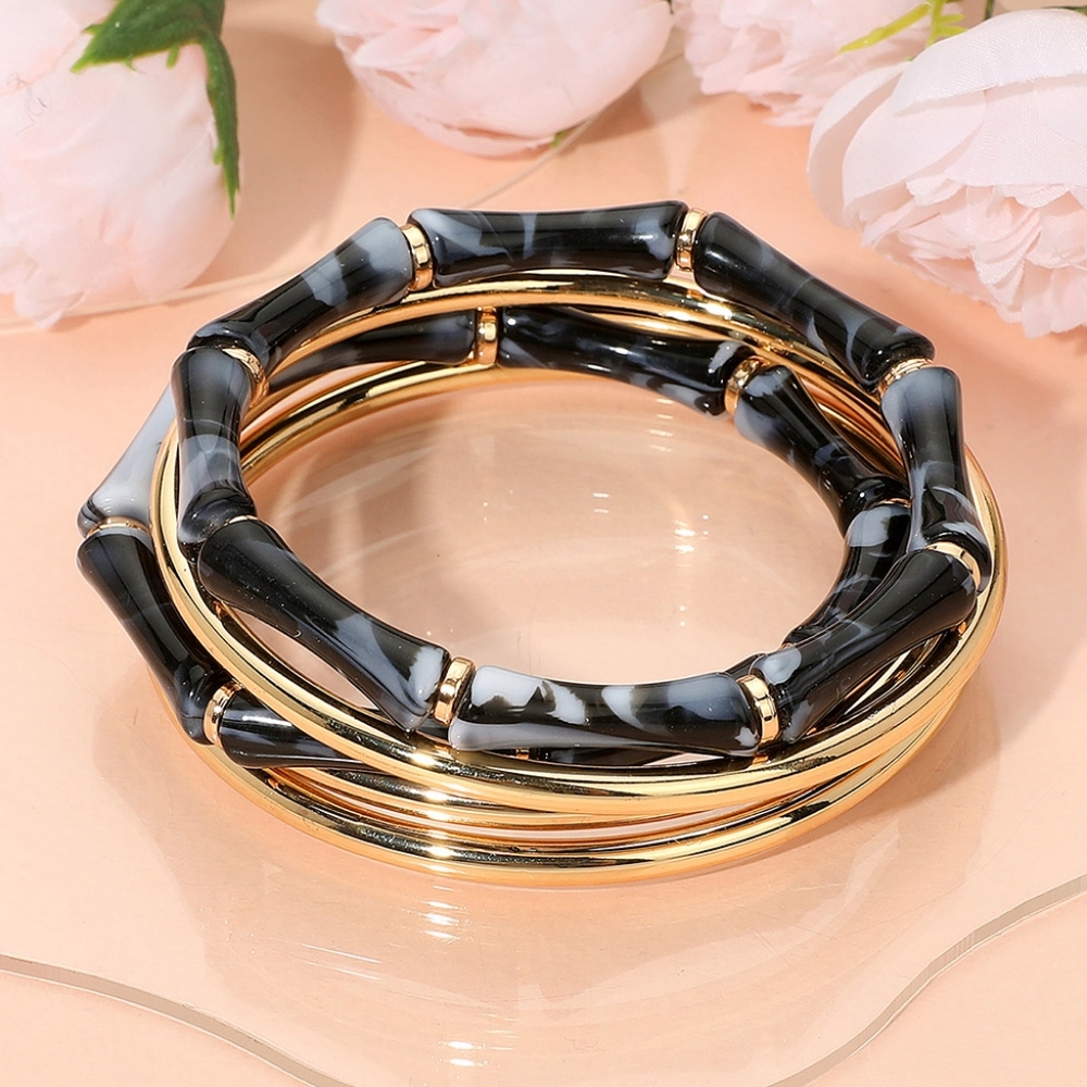 Black Gold Bamboo Stretch Multi Layered Glossy Metal Stackable Bangle Bracelets